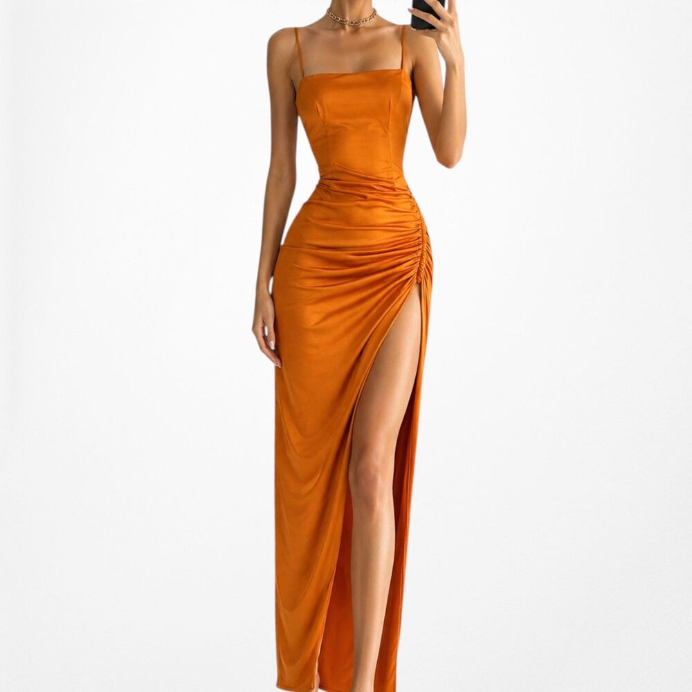 Zara Orange Ruched Pleated Side Slit Maxi Bodycon Linen Dress Size S/M